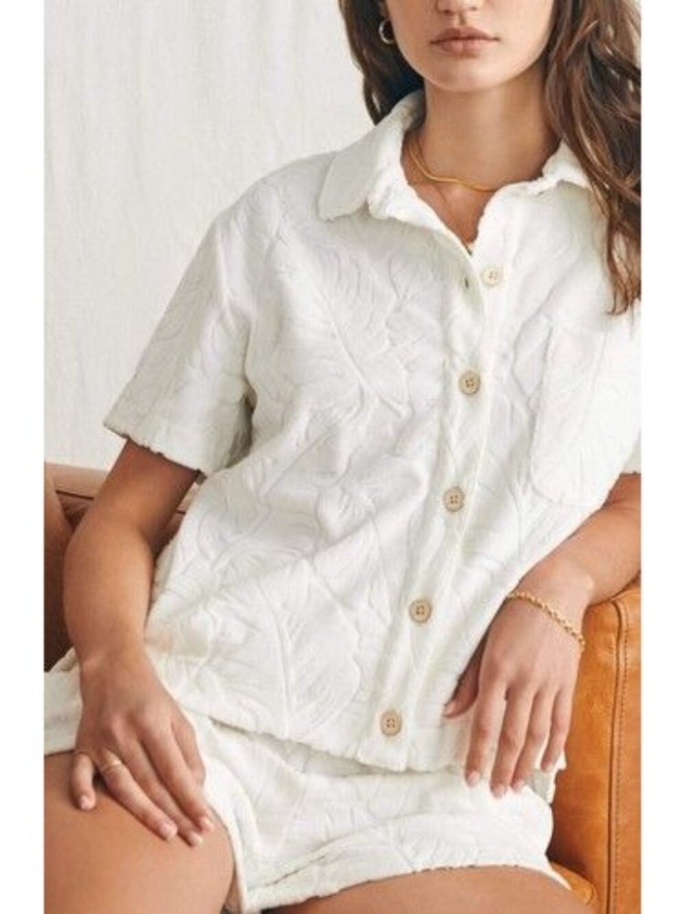 Faherty Womens XS Top Leaf Jacquard French Terry Button-Up White Organic Cotton
